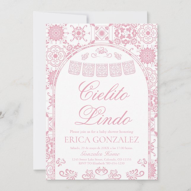 Convite Chuveiro de Bebê Blush Rosa Cielito Lindo Papel Pi (Frente)