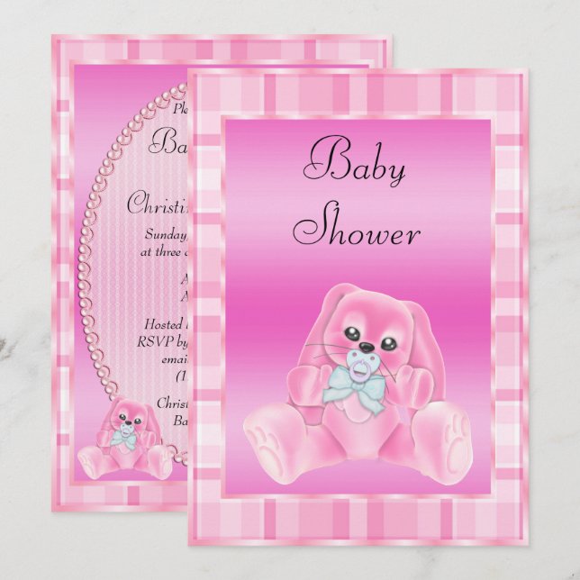 Convite Chuveiro de Bebê Coelhinho de Orelhas Caídas Rosa  (Frente/Verso)