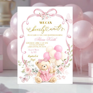 Convite Chuveiro de Bebê Coquette Urso com Laço Floral Ros