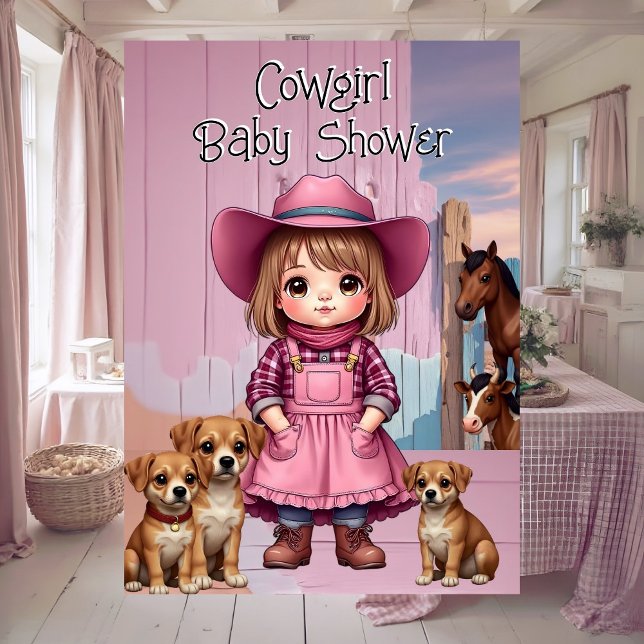 Convite Chuveiro de Bebê de Caubói Fofo Rosa Azul Animais (Criador carregado)