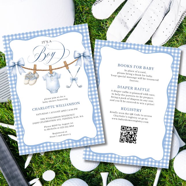 Convite Chuveiro de Bebê de Golfe Tudo em Um Azul (All In One Golf Blue Clothesline Baby Shower Invitation)