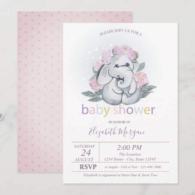 Convite Chuveiro de Bebê Elefante Bebê Fofo Flores Bolinha (Frente/Verso)