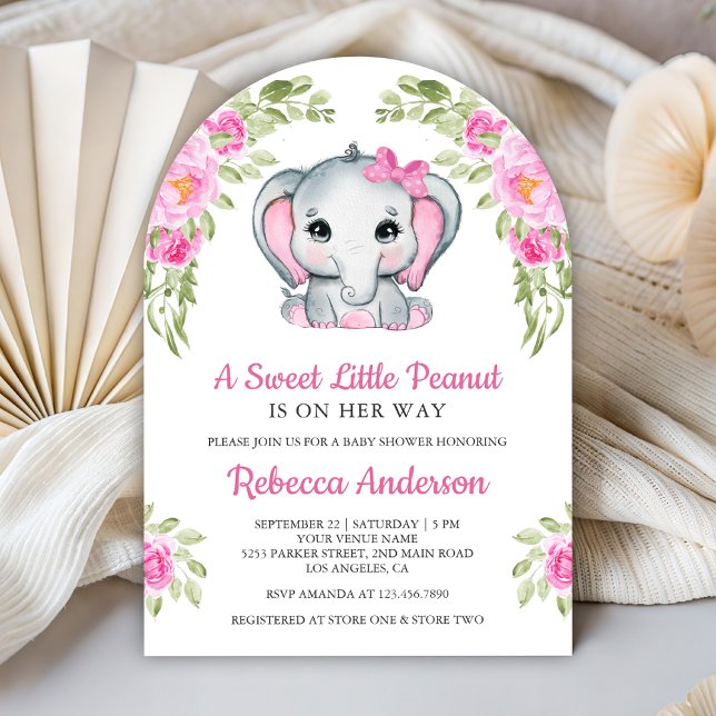 Convite Chuveiro de Bebê Elefante Floral com Laço Rosa Fof (Criador carregado)