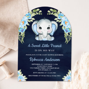 Convite Chuveiro de Bebê Elefante Floral Fofo Azul Marinho