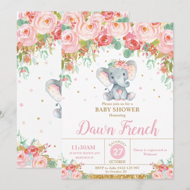 Convite Chuveiro de Bebê Elefante Floral Rosa Fofa Bebê Me (Frente/Verso)