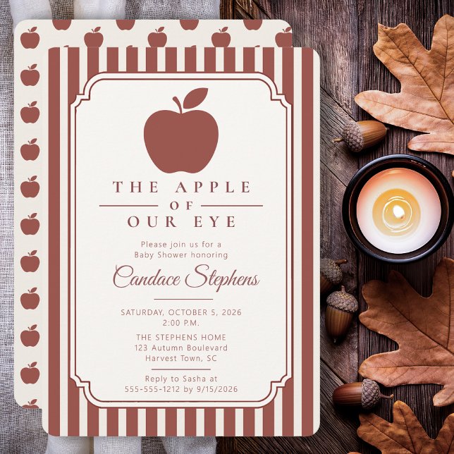 Convite Chuveiro de Bebê Elegante A Maçã dos Nossos Olhos (Elegant apple orchard baby shower invitation with burgundy stripes and timeless stationery styling.)
