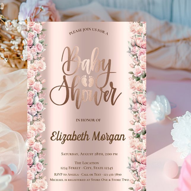 Convite Chuveiro de Bebê Elegantes Rosas Rosa Choque (Criador carregado)