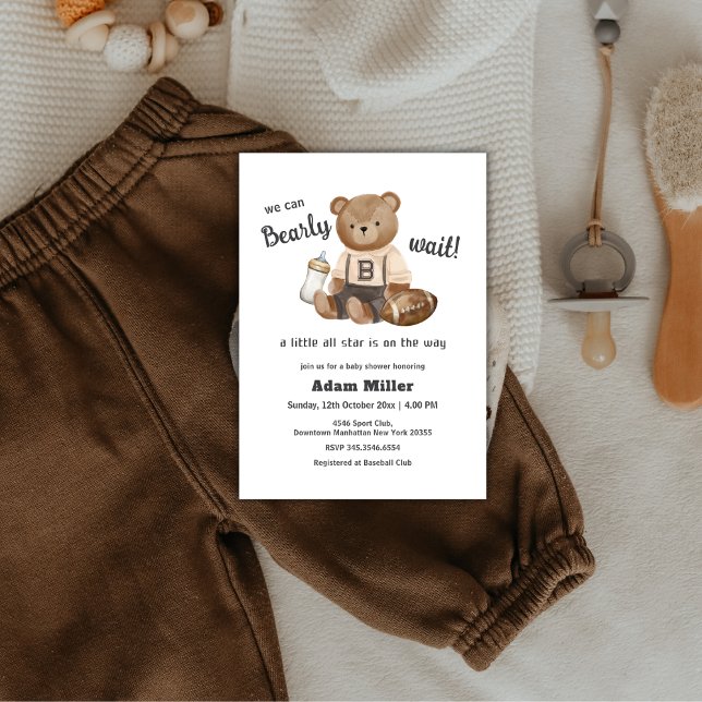 Convite Chuveiro de Bebê Esporte Futebol Menino Mal Podemo (Bearly Wait Football Sport Boy Baby Shower Invitation)