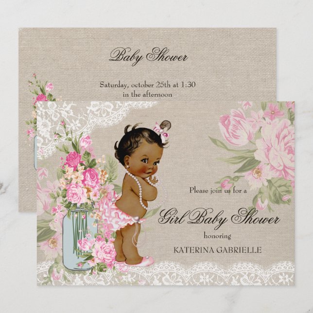 Convite Chuveiro de Bebê Étnico Bonito Shabby Chic Renda F (Frente/Verso)