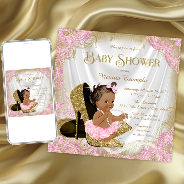 Convite Chuveiro de Bebê Étnico Pérola Sapato Glitter Dour (Pink gold high heel shoe baby shower invitation. Download and printed invitations available.)