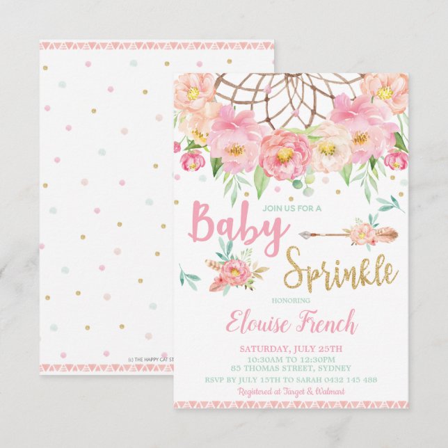 Convite Chuveiro de Bebê Floral Boho Sprinkle Dream Catche (Frente/Verso)