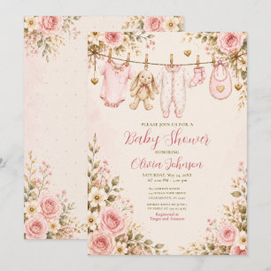 Convite Chuveiro de Bebê Floral Rosa Roupa de Bebê Chuveir