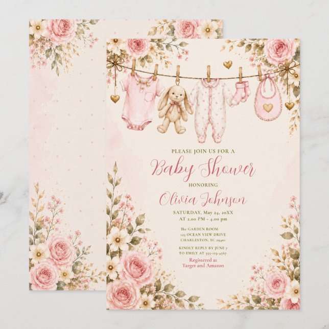 Convite Chuveiro de Bebê Floral Rosa Roupa de Bebê Chuveir (Frente/Verso)