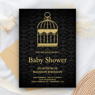 Convite Chuveiro de Bebê Gaiola de Pássaro Dourada Shabby