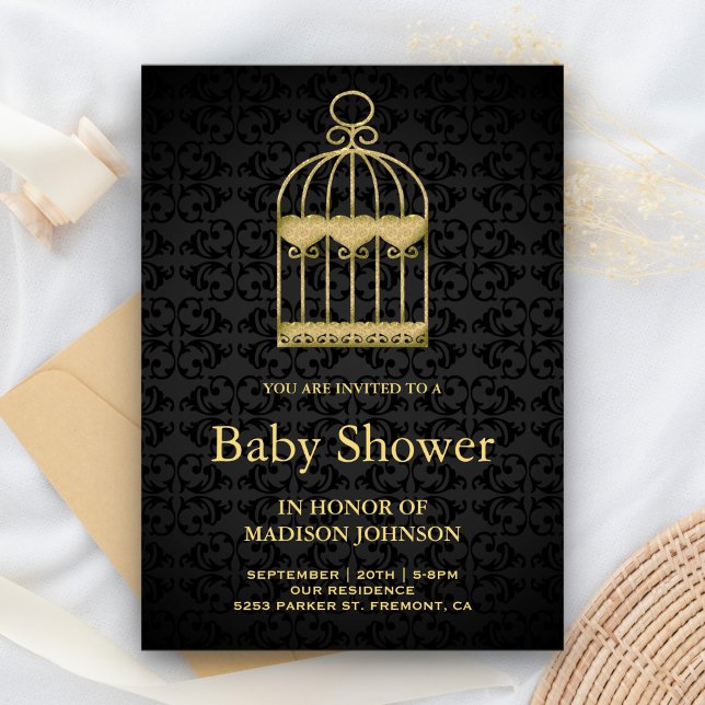 Convite Chuveiro de Bebê Gaiola de Pássaro Dourada Shabby  (Criador carregado)