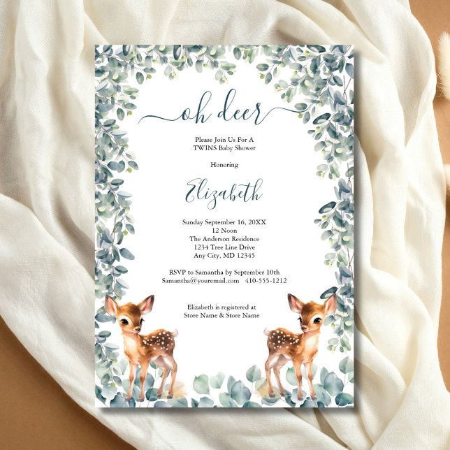 Convite Chuveiro de Bebê Gêmeos Oh Deer Neutro (Oh Deer Twins Baby Shower Invitation, Eucalyptus Greenery, Baby Deer, Printed Digital Download)