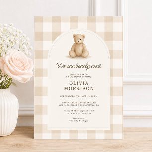 Convite Chuveiro de Bebê Gingham Urso Aguardo Gênero Neutr