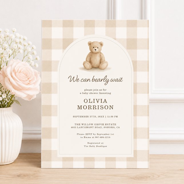 Convite Chuveiro de Bebê Gingham Urso Aguardo Gênero Neutr (Criador carregado)