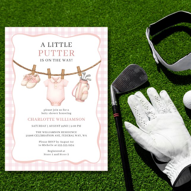 Convite Chuveiro de Bebê Little Putter Pink Golf Roupas (Little Putter Pink Golf Clothesline Baby Shower Invitation)