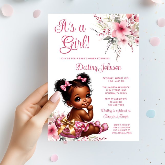 Convite Chuveiro de Bebê Menina com Calça de Babado e Cabe (Pink gold afro puff baby girl with pink and gold ruffle pants and wildflowers. So cute!)