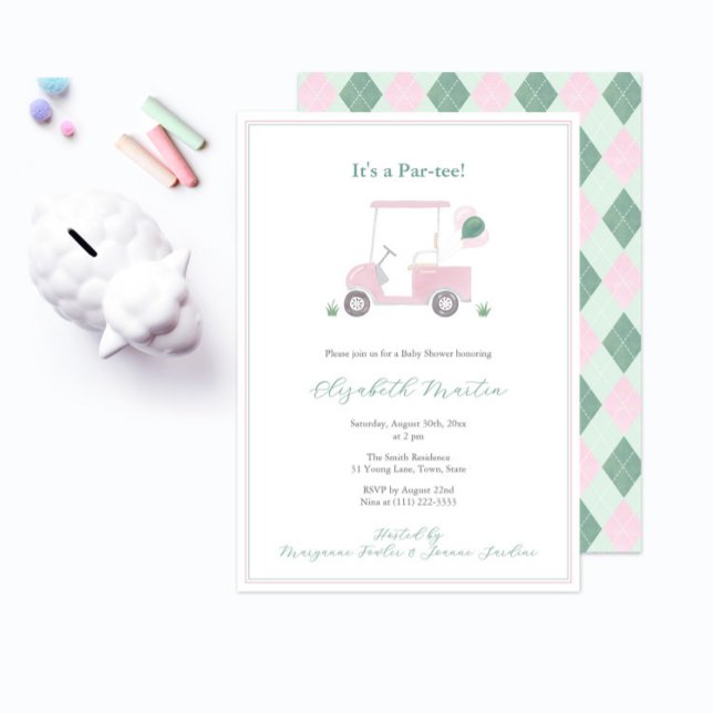 Convite Chuveiro de Bebê Menina com Carrinho de Golfe Rosa (It's a baby shower par-tee! Pink and Green golf cart baby shower invitation to welcome a little girl)