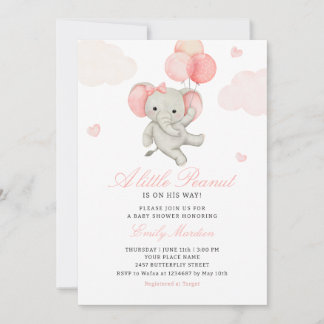 Convite Chuveiro de Bebê menina elefante amendoim rosa fof