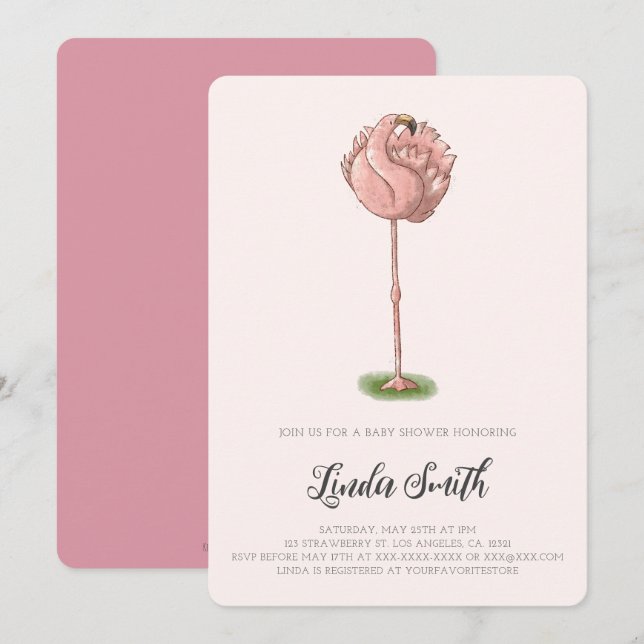 Convite Chuveiro de Bebê Menina Flamingo Rosa Fofa (Frente/Verso)