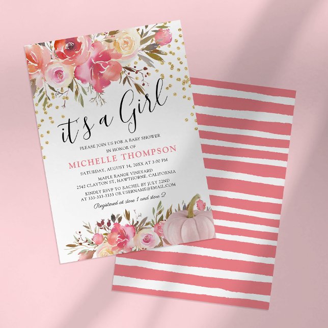 Convite Chuveiro de Bebê Menina Floral Rosa de Outono Abób (Criador carregado)