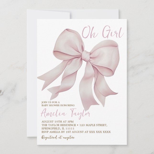 Convite Chuveiro de Bebê Menina Laço Rosa Elegante (Frente)
