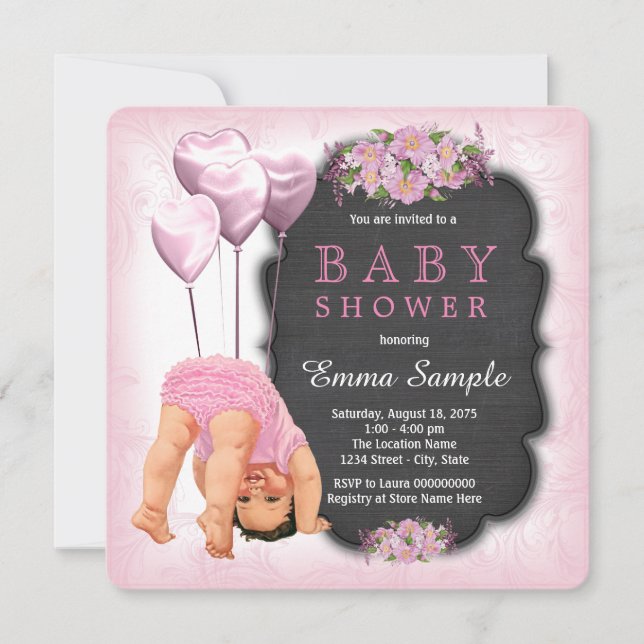 Convite Chuveiro de Bebê Menina Loja de Giz Rosa Fundo par (Frente)