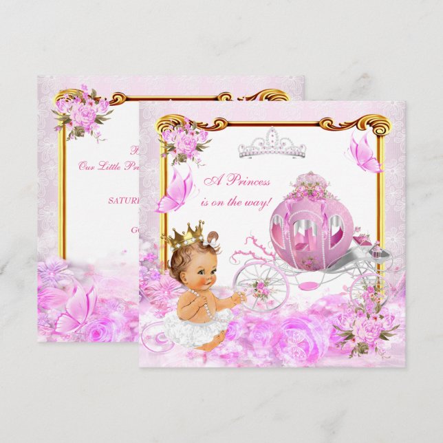 Convite Chuveiro de Bebê Menina Princesa Carruagem Rosa Ti (Frente/Verso)