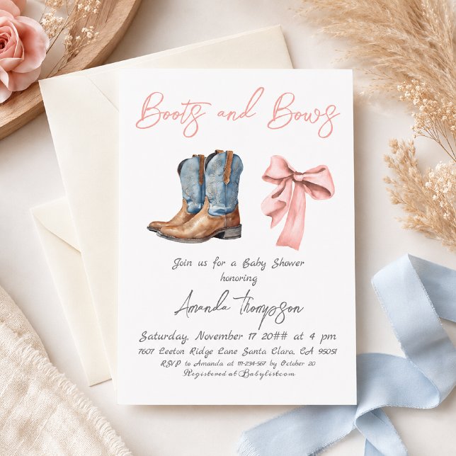 Convite Chuveiro de Bebê Menina Rosa Elegante Botas e Laço (Criador carregado)