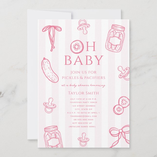 Convite Chuveiro de Bebê Menina Rosa Pickles & Pacifiers (Frente)