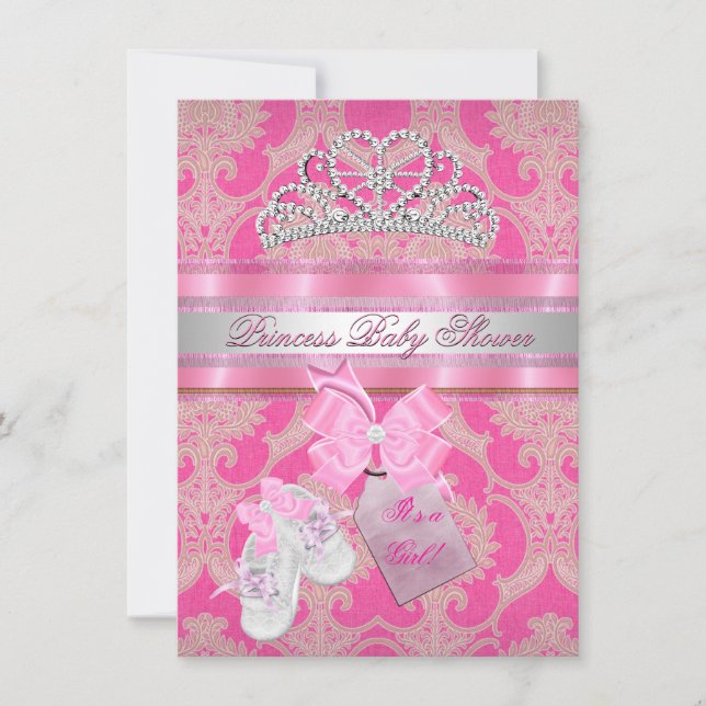 Convite Chuveiro de Bebê Menina Tiara Princesa Rosa Branco (Frente)