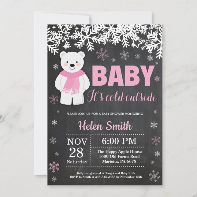 Convite Chuveiro de Bebê Menina Urso Polar Inverno Quadro  (Frente)
