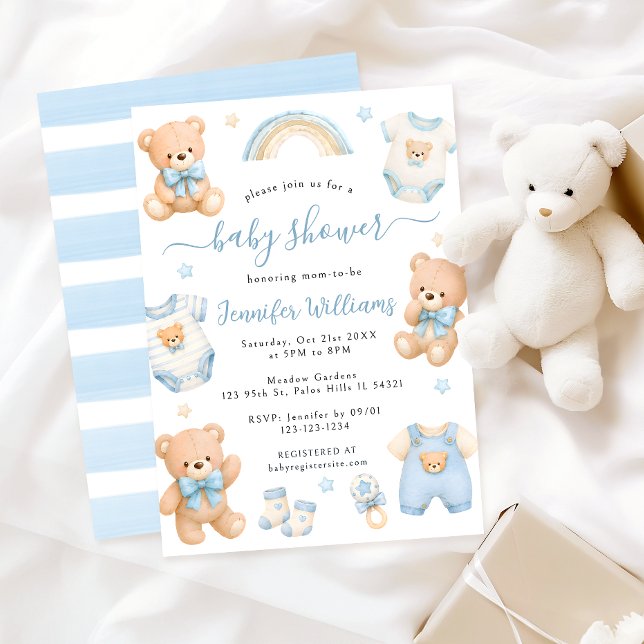 Convite Chuveiro de Bebê Menino Boho Urso de Pelúcia Azul  (Criador carregado)
