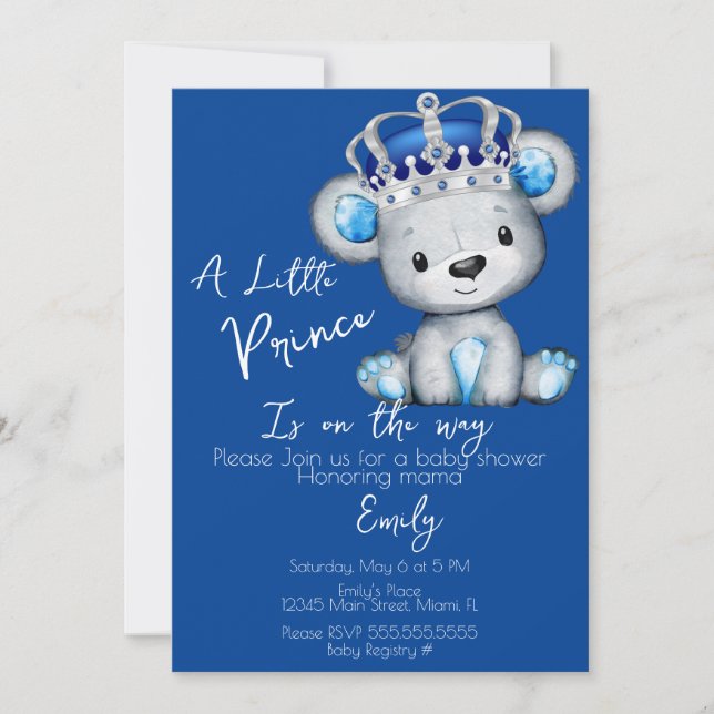 Convite Chuveiro de Bebê Menino Urso Azul Real Fofo (Frente)