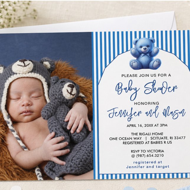 Convite Chuveiro de Bebê Menino Urso de Pelúcia Azul Fofo  (Cute Blue Teddy Bear Vintage Baby Boy Shower Invitation)