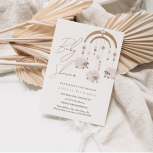 Convite Chuveiro de Bebê Móvel de Ovelha Rosa Boho Blush