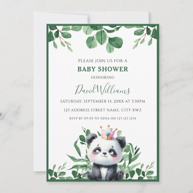 Convite Chuveiro de Bebê Neutro Folhagem Verde Panda Fofo (Frente)
