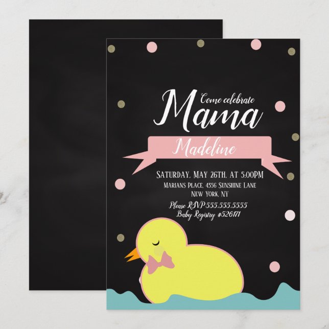 Convite Chuveiro de Bebê Pato em Quadro Negro Dourado Fals (Frente/Verso)