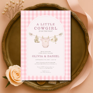 Convite Chuveiro de Bebê Pequena Cowgirl Rosa Xadrez