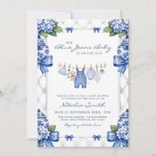 Convite Chuveiro de Bebê Préppy em Azul Jeans Chinoiserie