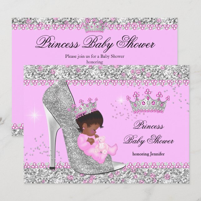 Convite Chuveiro de Bebê Princesa de Salto Alto Prateado R (Frente/Verso)