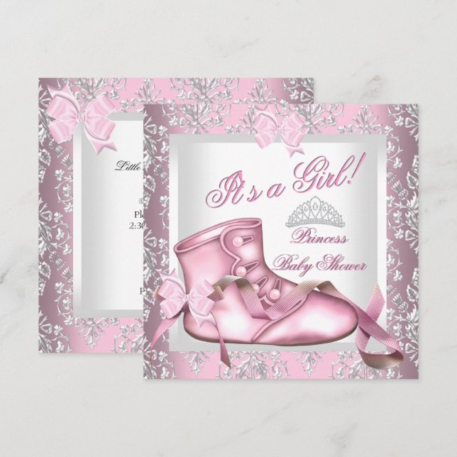 Convite Chuveiro de Bebê Princesa Elegante Menina Rosa Dam (Frente/Verso)