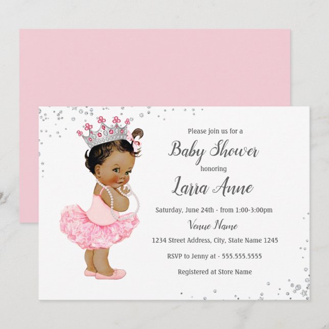 Convite Chuveiro de Bebê Princesa Étnica Brilhante Rosa (Frente/Verso)