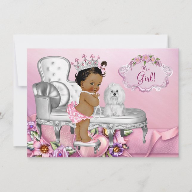 Convite Chuveiro de Bebê Princesa Étnica Cadeira Rosa (Frente)