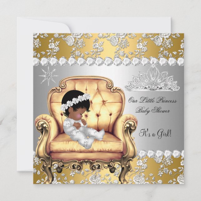 Convite Chuveiro de Bebê Princesa Menina Dourado Prata Flo (Frente)