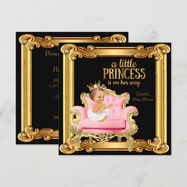 Convite Chuveiro de Bebê Princesa Preto Rosa Dourado Cadei (Frente/Verso)
