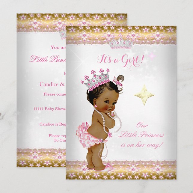 Convite Chuveiro de Bebê Princesa Rosa Branco Dourado Tiar (Frente/Verso)